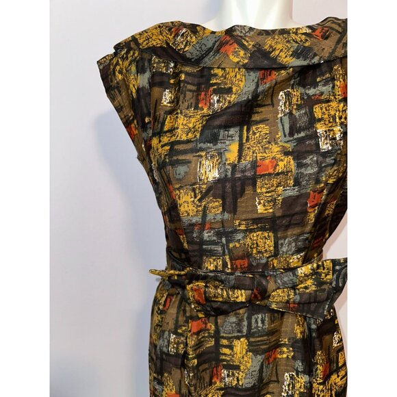 Vtg 60s Brown Orange Abstract Sheath Dress Bow Belted Secretary Womens Size S - Picture 6 of 6